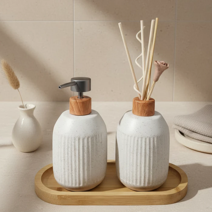Kit Banheiro Lavabo com Difusor de Cerâmica e Bambu